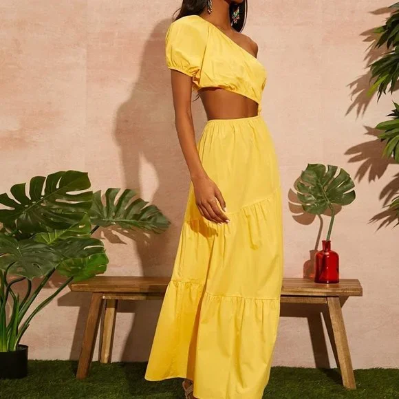 YELLOW PUFF SLEEVE ONE SHOULDER CUT OUT DETAIL MAXI DRESS SUMMER VACAY - Picture 3 of 8